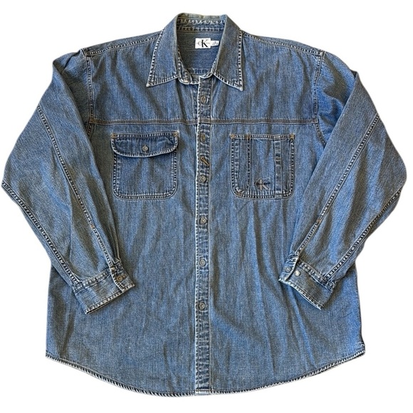 VTG Calvin Klein Long Sleeve Button Blue Denim Shirt Embroidered Hong Kong XL - Picture 1 of 13